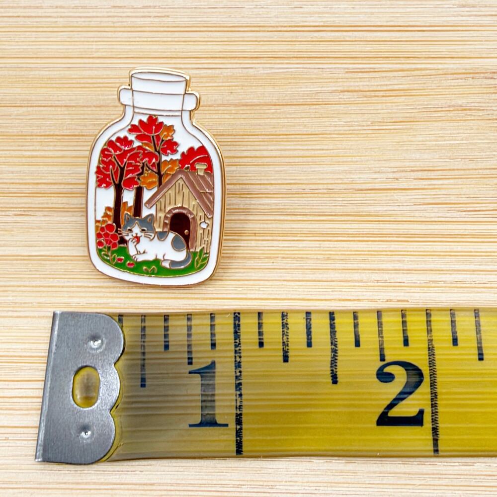 Autumn Cat Cottage Enamel Pin Cozy Fall Jar Nature Kitty Collectible - Picture 4 of 4